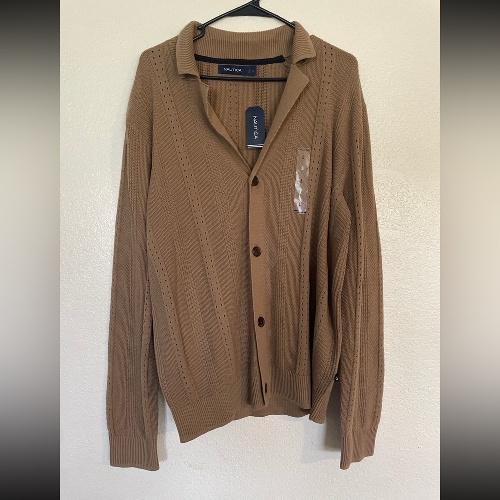 Nautica Tan Cardigan Sweater V-Neck Knit